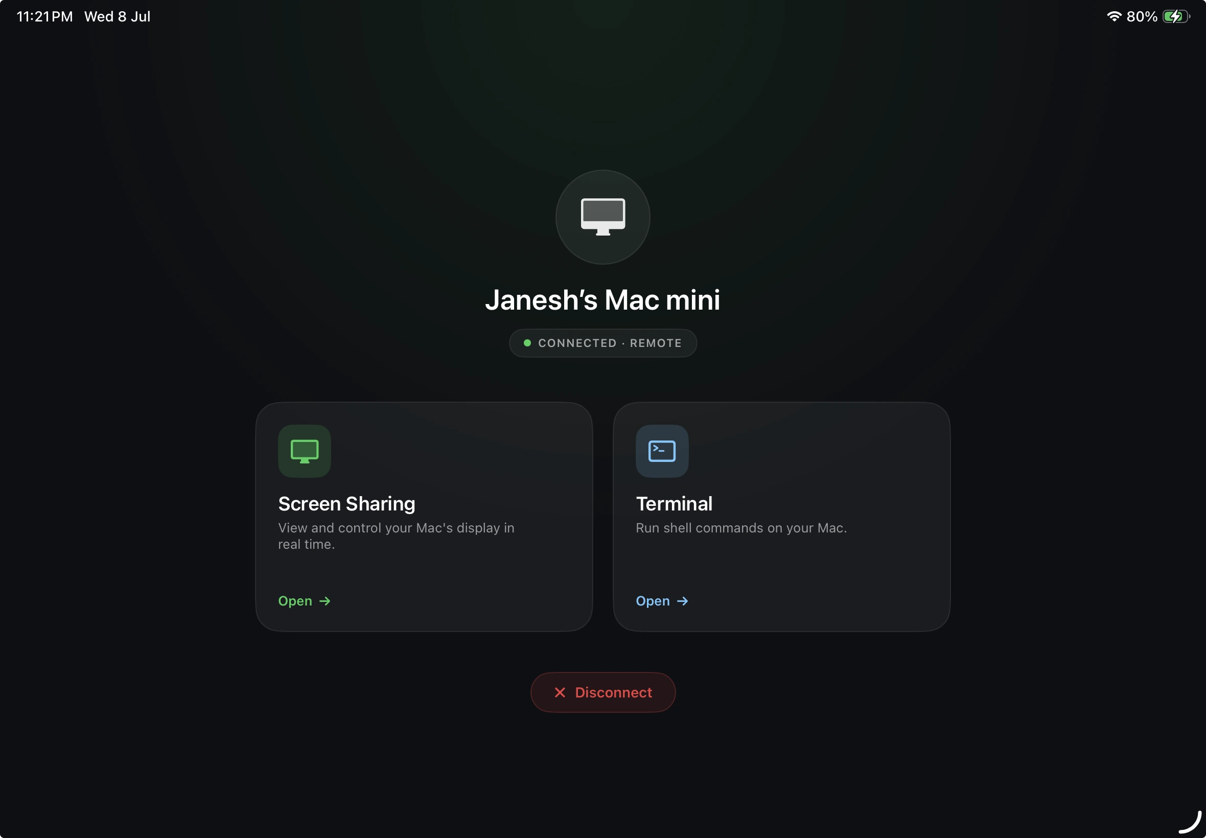 Servey on iPad connected to a Mac - the session screen with Screen Sharing and Terminal, marked Connected - Remote