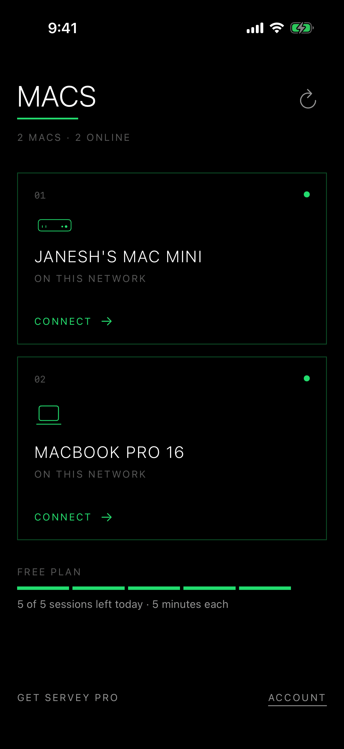 Servey on iPhone - the Macs screen listing a Mac mini and a MacBook Pro, both online with a Connect action, above the free plan's remaining sessions