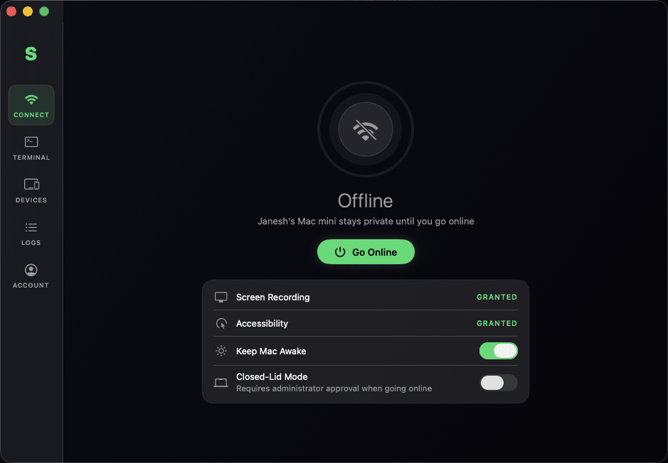 Servey's Mac host app on macOS - the Connect screen showing the Mac offline with a Go Online button, Screen Recording and Accessibility granted, Keep Mac Awake on, and Closed-Lid Mode ready to enable