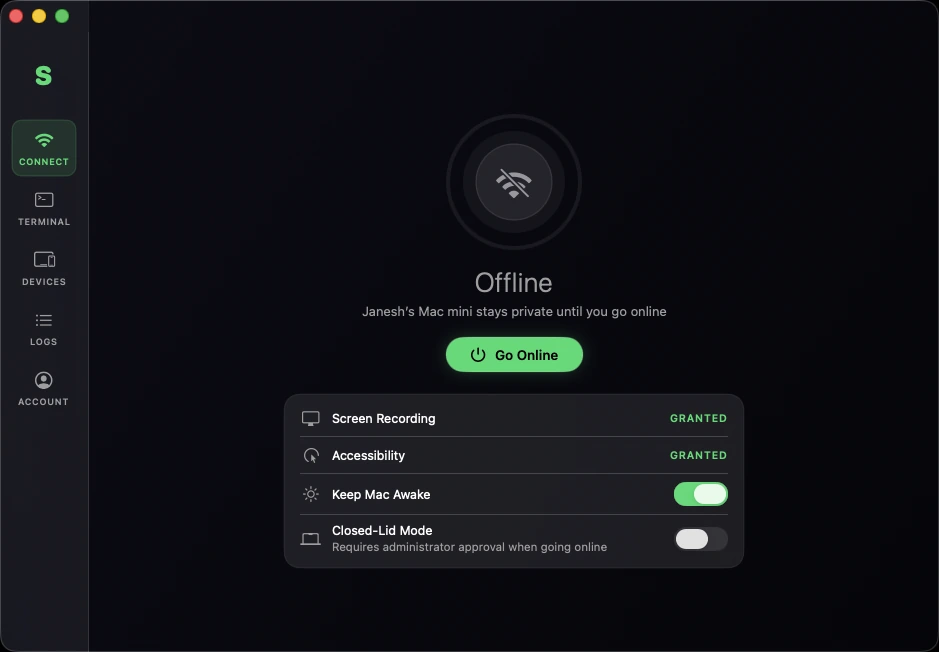 Servey's Mac host app on macOS - the Connect screen showing the Mac offline with a Go Online button, Screen Recording and Accessibility granted, Keep Mac Awake on, and Closed-Lid Mode ready to enable