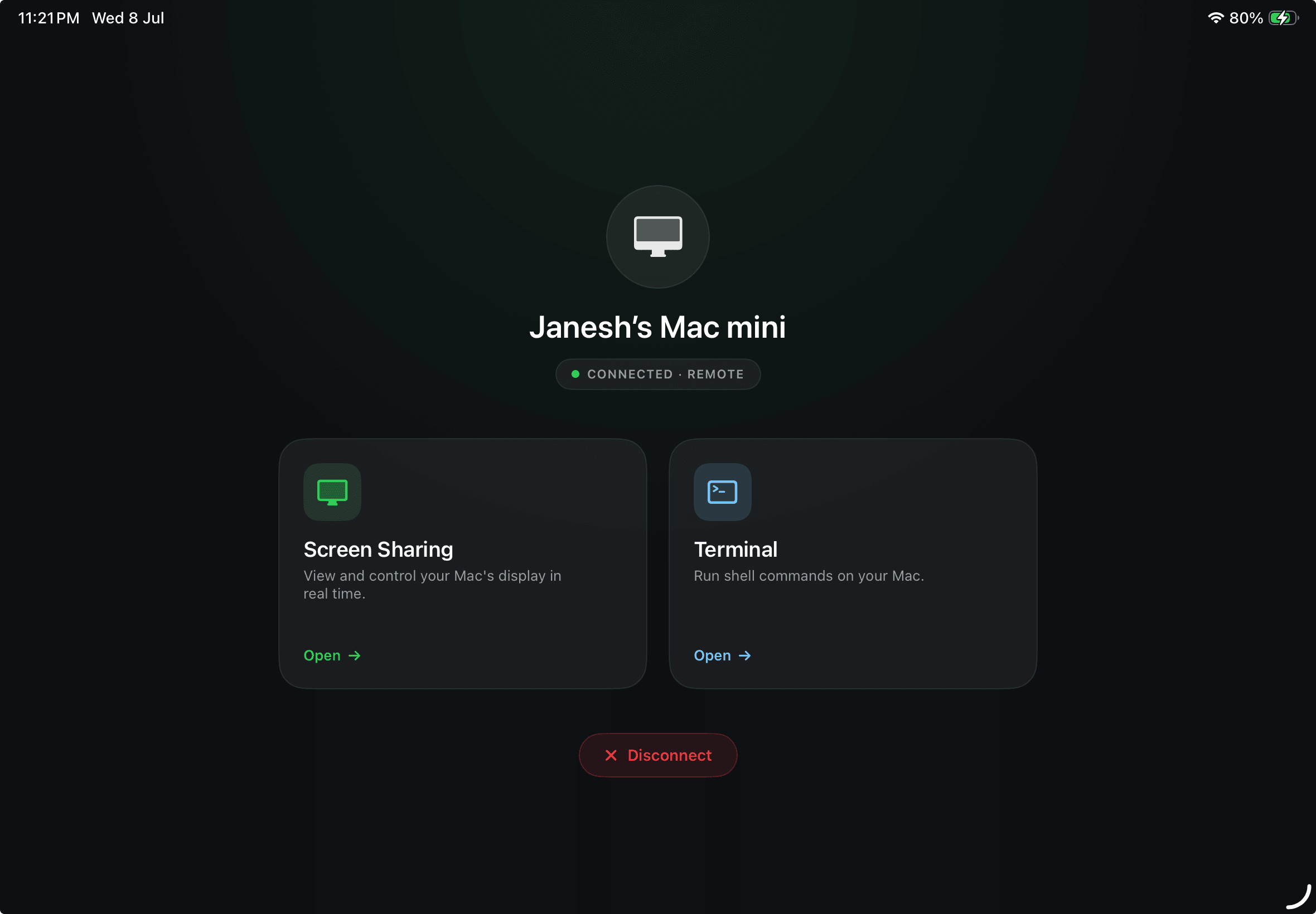 Servey on iPad connected to a Mac - the session screen with Screen Sharing and Terminal, marked Connected - Remote