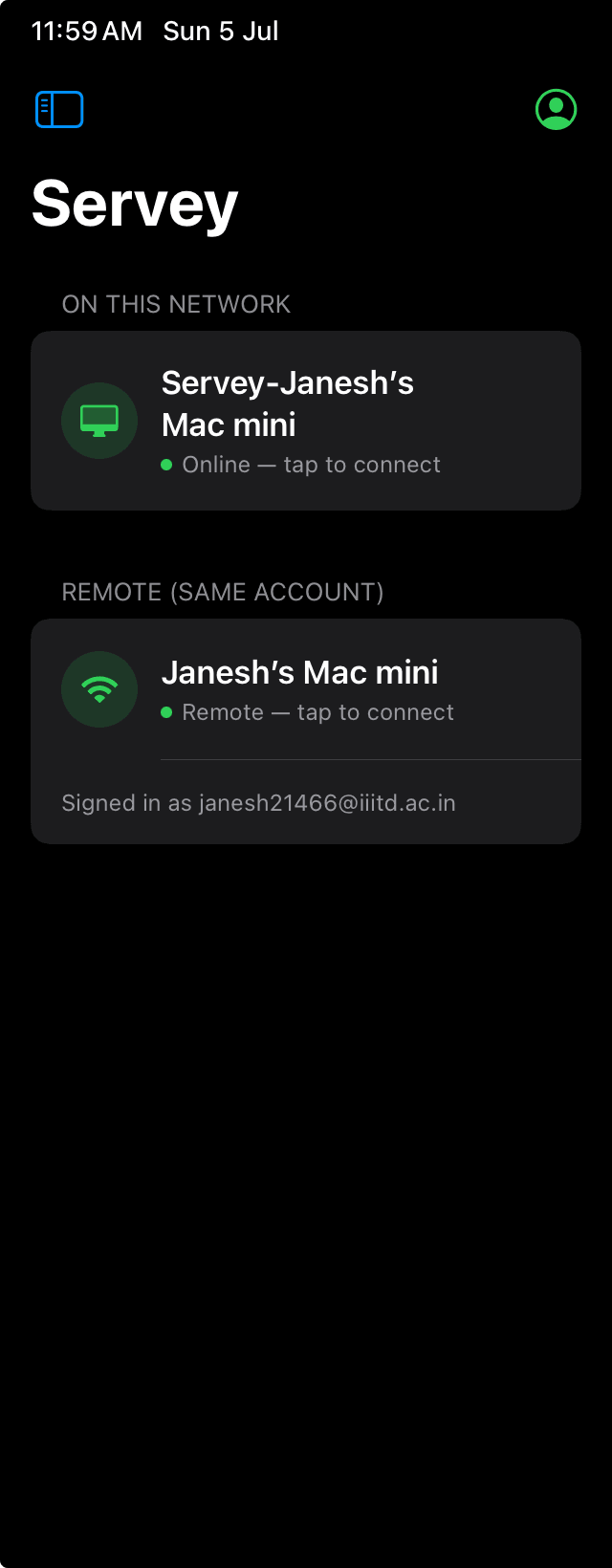 Servey on iPhone listing the user's Macs - one on the local network and one remote on the same account, each tappable to connect
