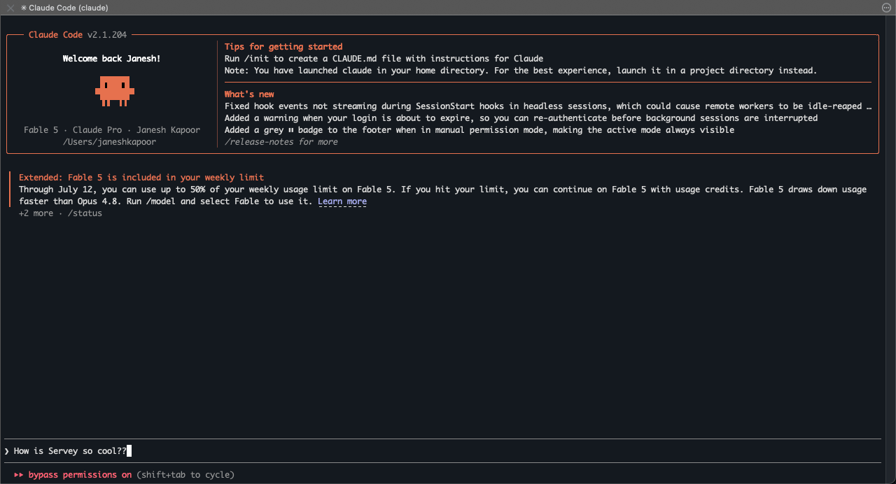 A Mac screen mirrored through Servey - a live Claude Code terminal session with razor-sharp, fully legible text and no cropping