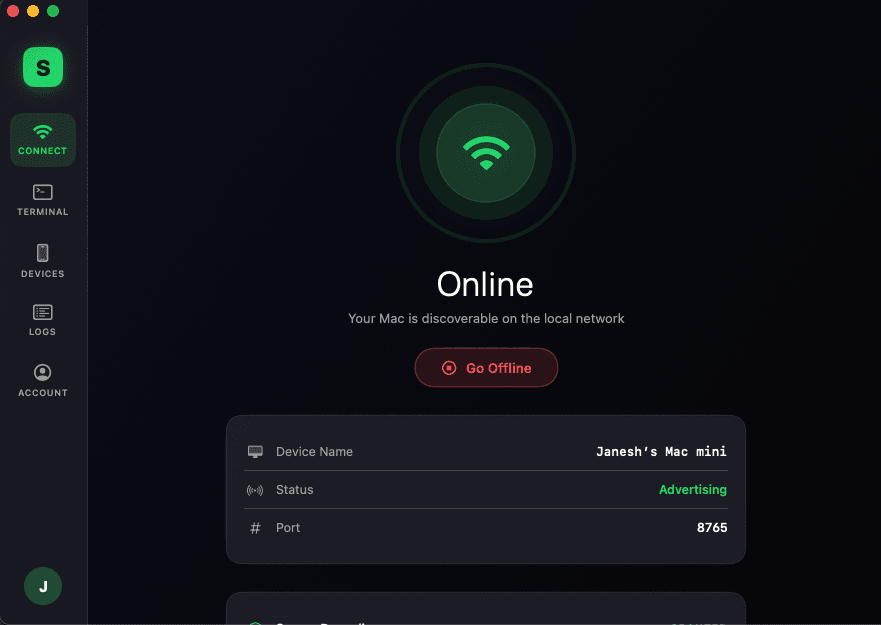 Servey's Mac host app on macOS - a dark, neon-green connect screen showing the Mac online and discoverable on the local network